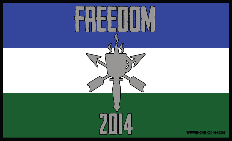 Flag insipred by the Cascadian Flag from the Pacific Northwest.  Colors are three horizontal bars top to bottom, blue, white and green with the De Espresso Liber logo in the center of the flag.  The text 'Freedom' is at the top of the flag, the year 2014 is at the bottom.