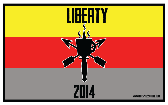 Flag from Special Forces country of 'Pineland'.  Colors are three horizontal bars top to bottom, yellow, red and grey with the De Espresso Liber logo in the center of the flag.  Liberty text is at the top of the flag along with the year 2014 at the bottom.